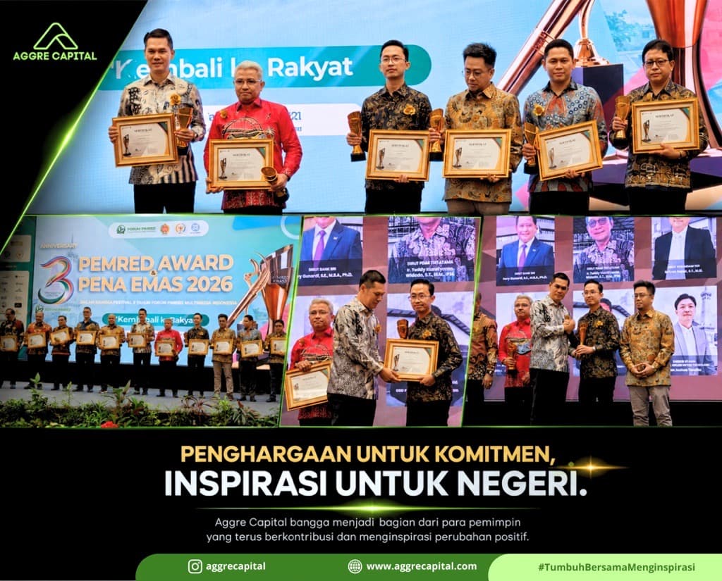 Kolase dokumentasi Pemred Award Pena Emas 2026: penerima penghargaan memegang piagam, suasana panggung, dan penyerahan penghargaan.